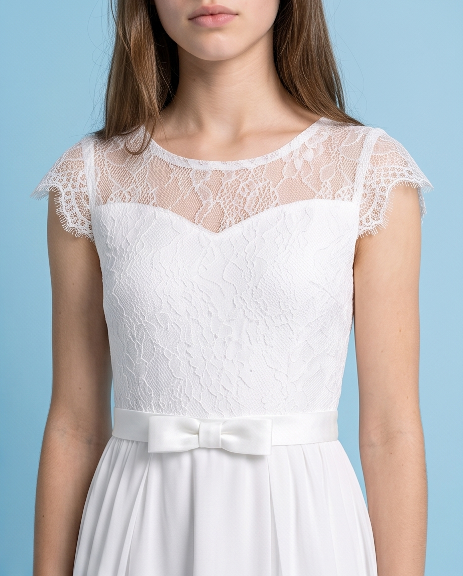 A woman wearing a white lace and satin dress against a light blue background.