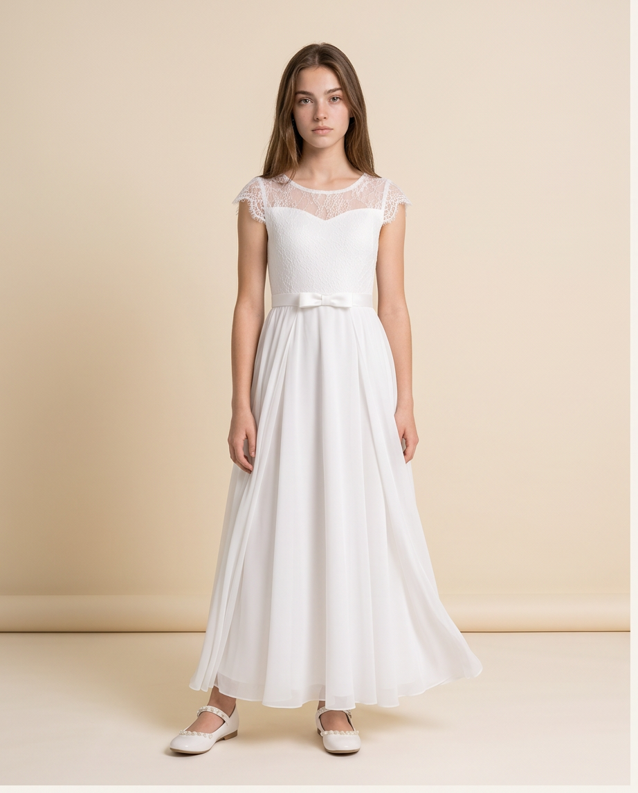 A young woman modeling a long white formal dress with a sheer lace bodice, cap sleeves, and a matching waist bow, standing against a plain beige studio backdrop.