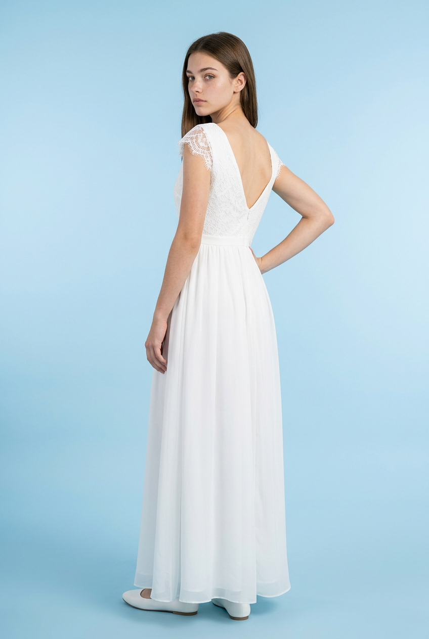 A woman modeling a white floor-length dress from the back, featuring a deep V-neckline, lace cap sleeves, and a flowing chiffon skirt, set against a solid light blue studio background.