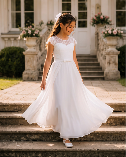 A young girl wearing a white first communion dress with lace cap sleeves and a flowing chiffon skirt, standing on stone steps in front of a white building.