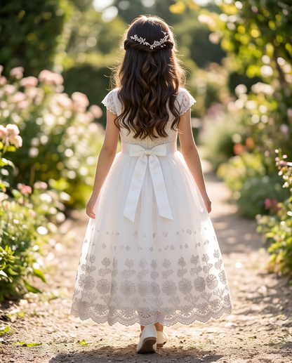 Child wearing a white communion dress