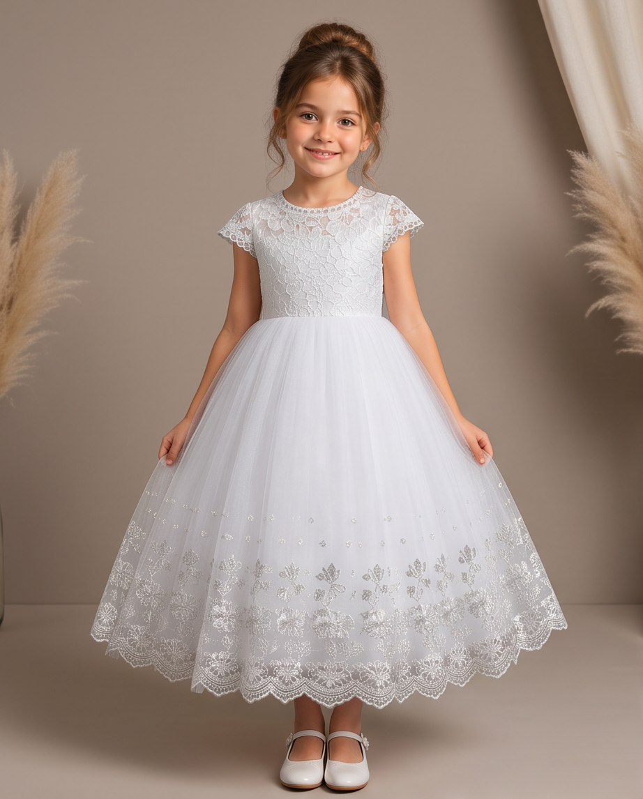 Child wearing a white communion dress