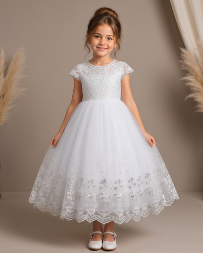 Child wearing a white communion dress