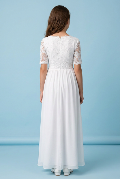Girl wearing a short sleeve chiffon white dress