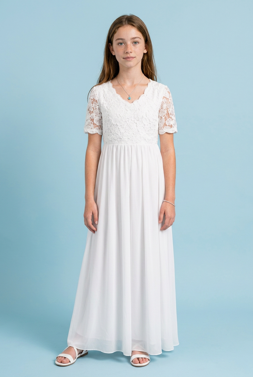 Girl wearing a short sleeve chiffon white dress