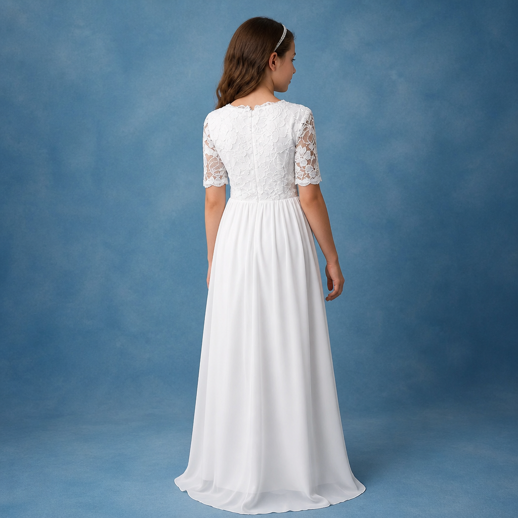 Girl wearing a short sleeve chiffon white dress