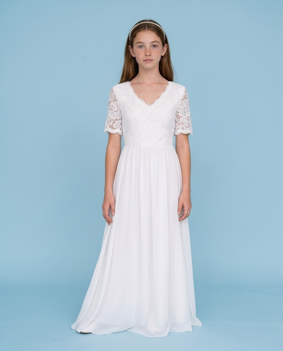 Girl wearing a short sleeve chiffon white dress