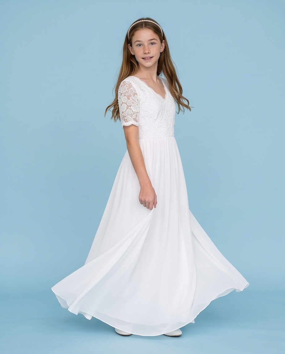 Girl wearing a short sleeve chiffon white dress