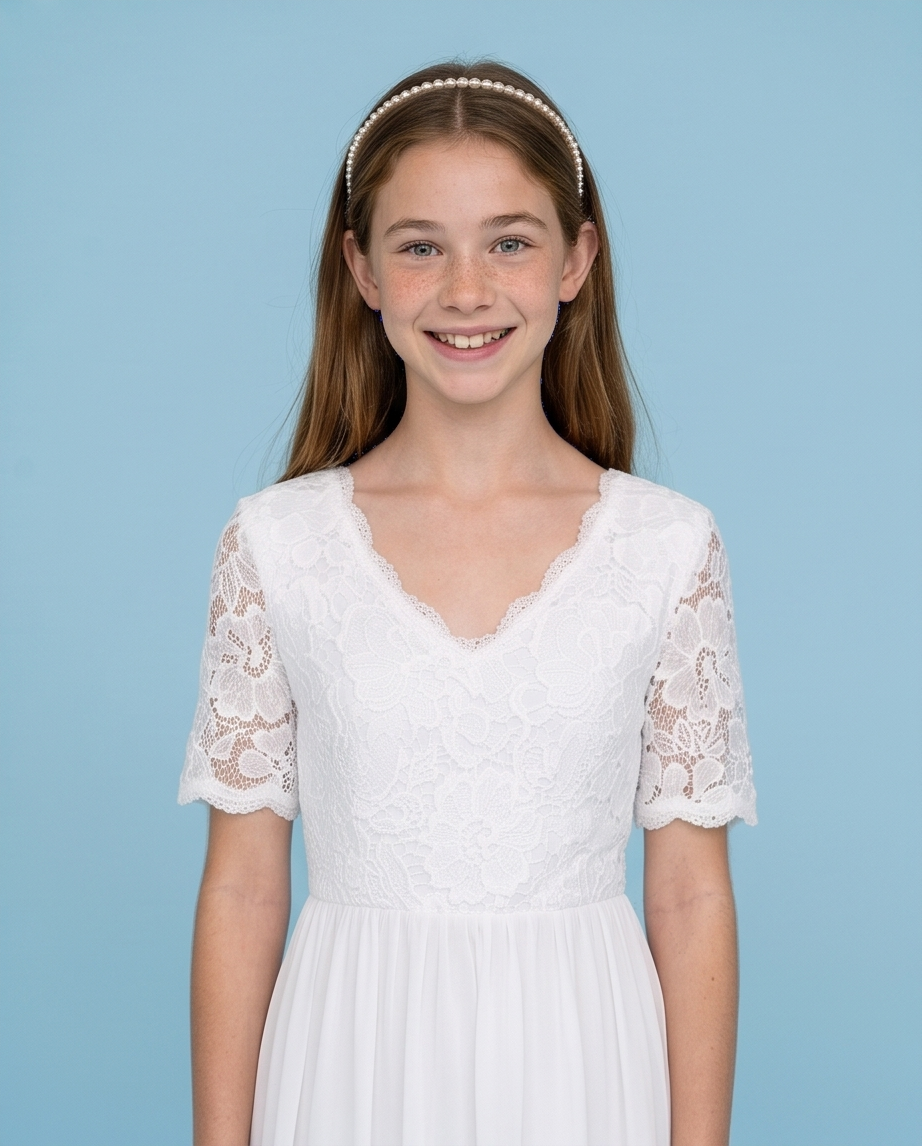 Girl wearing a short sleeve chiffon white dress