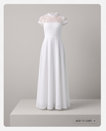 invisible mannequin wearing a white chiffon dress