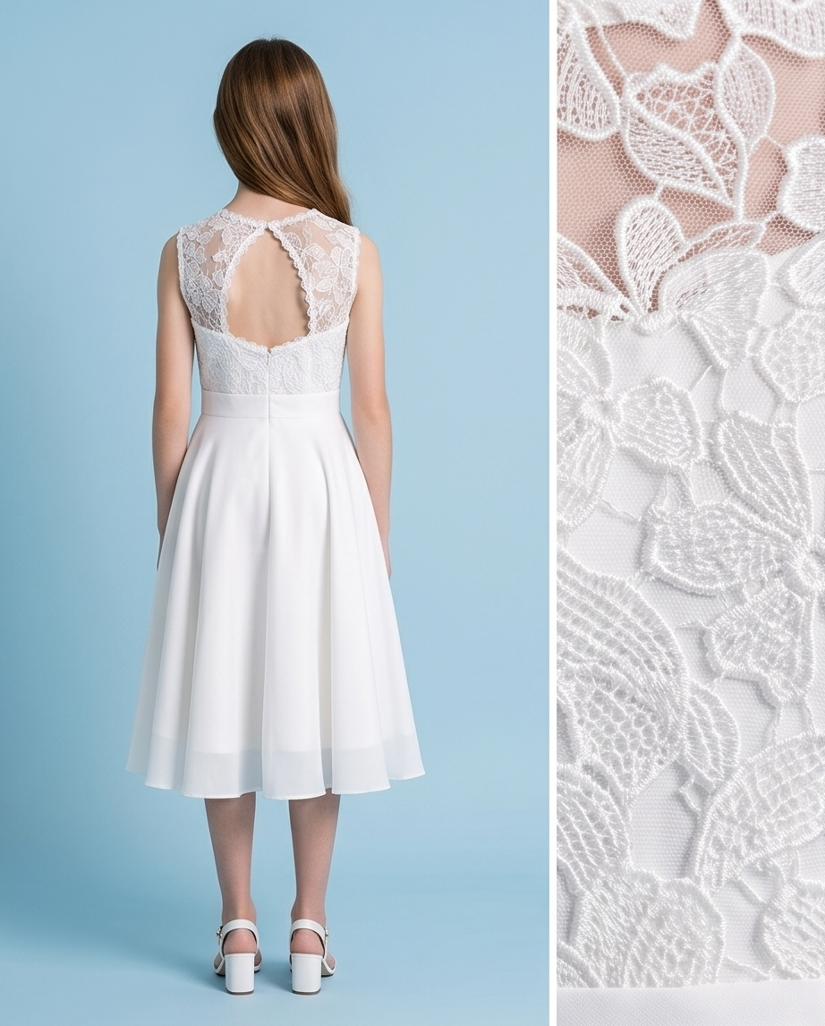 Girl wearing a white chiffon communion dress