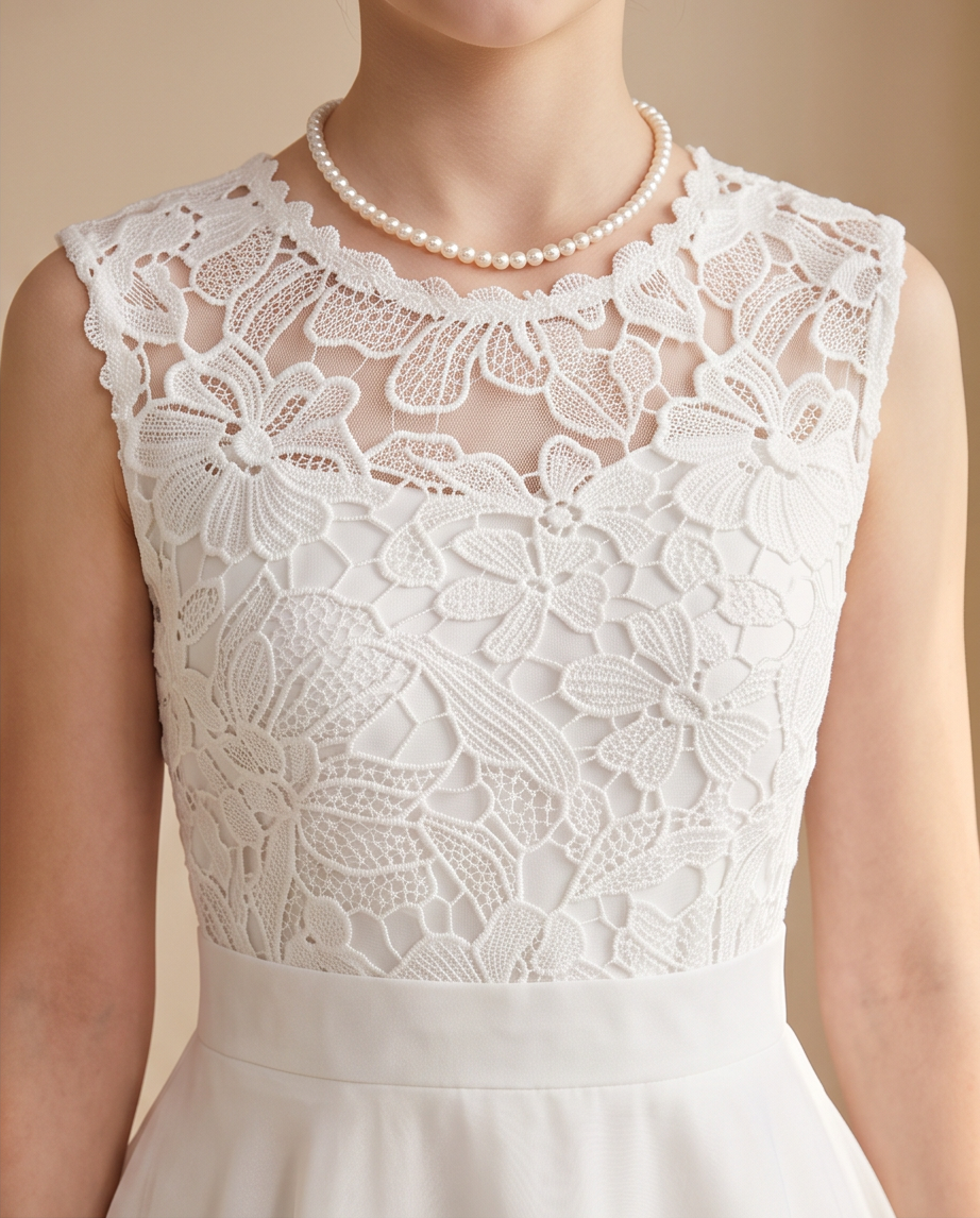 White sleeveless lace dress bodice with floral lace overlay and a pearl necklace, shown on a model against a warm beige background.