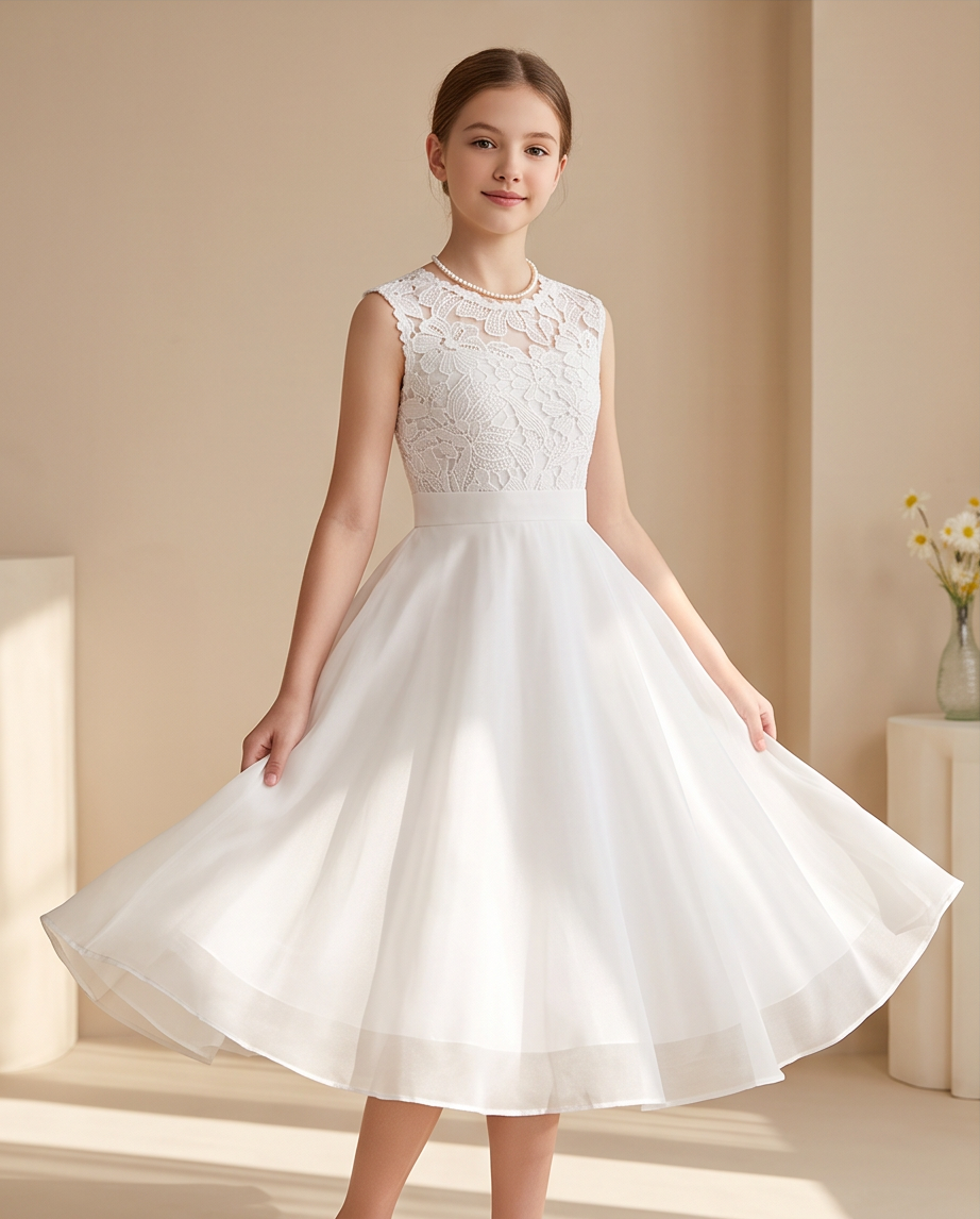 Girl wearing a white chiffon communion dress