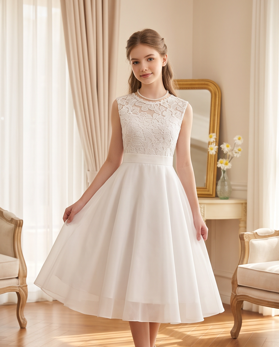 Girl wearing a white chiffon communion dress