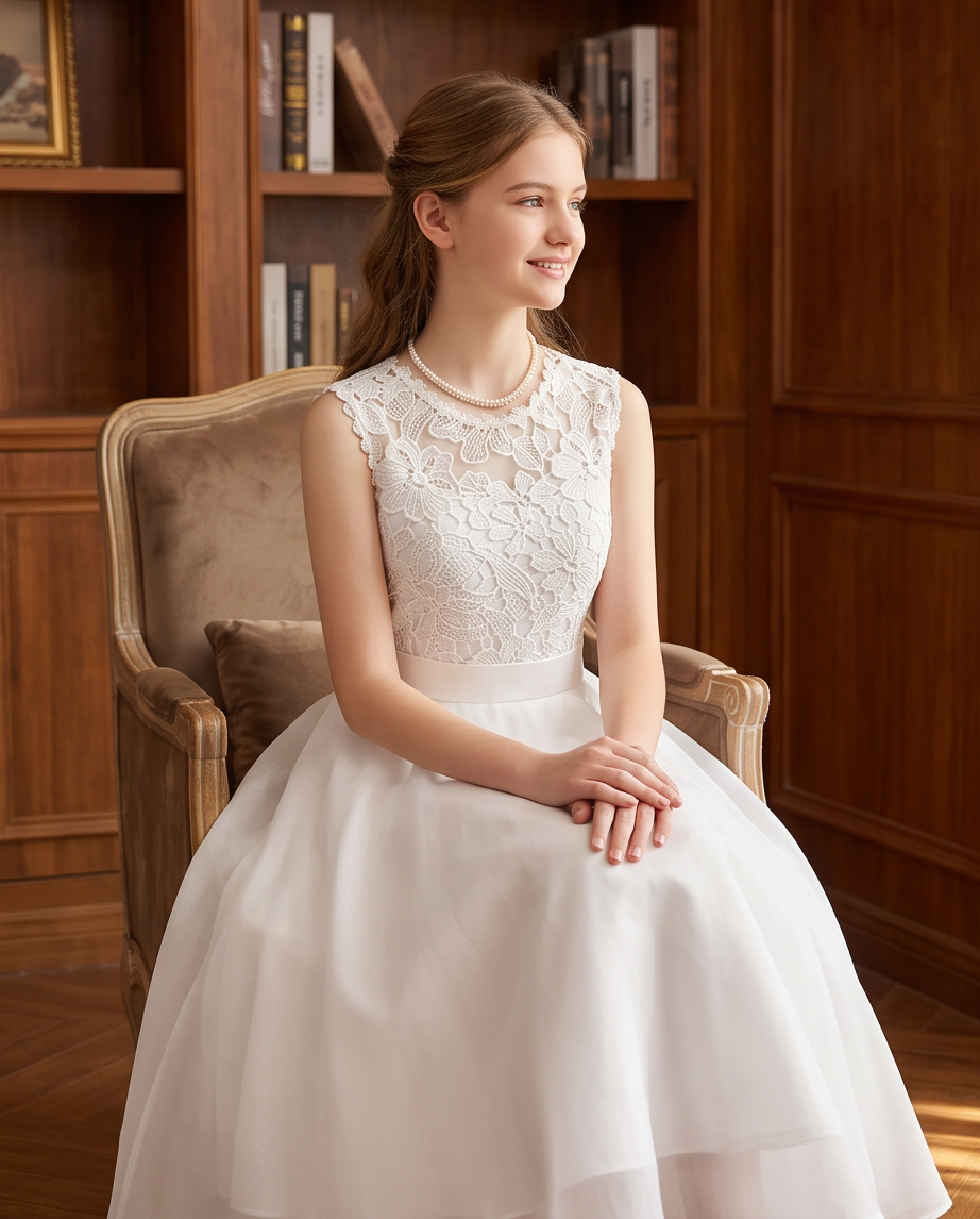 Girl wearing a white chiffon communion dress