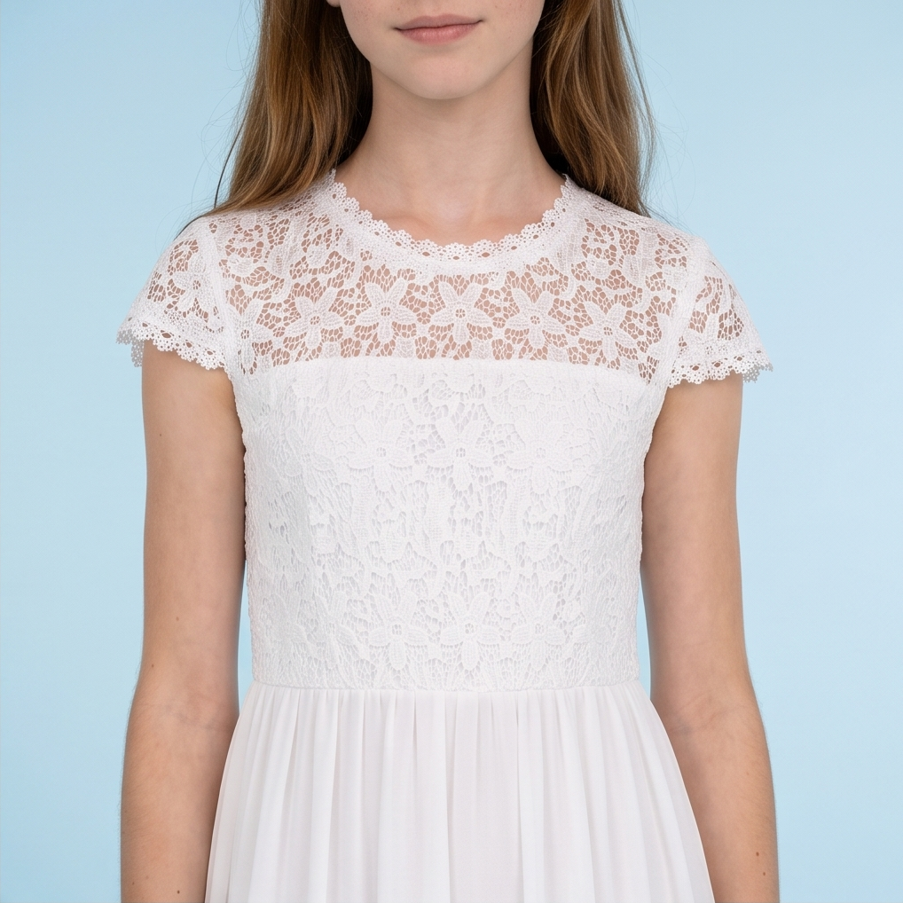 A girl wearing a white lace dress with short cap sleeves and a pleated skirt, shown from the nose down against a light blue background.