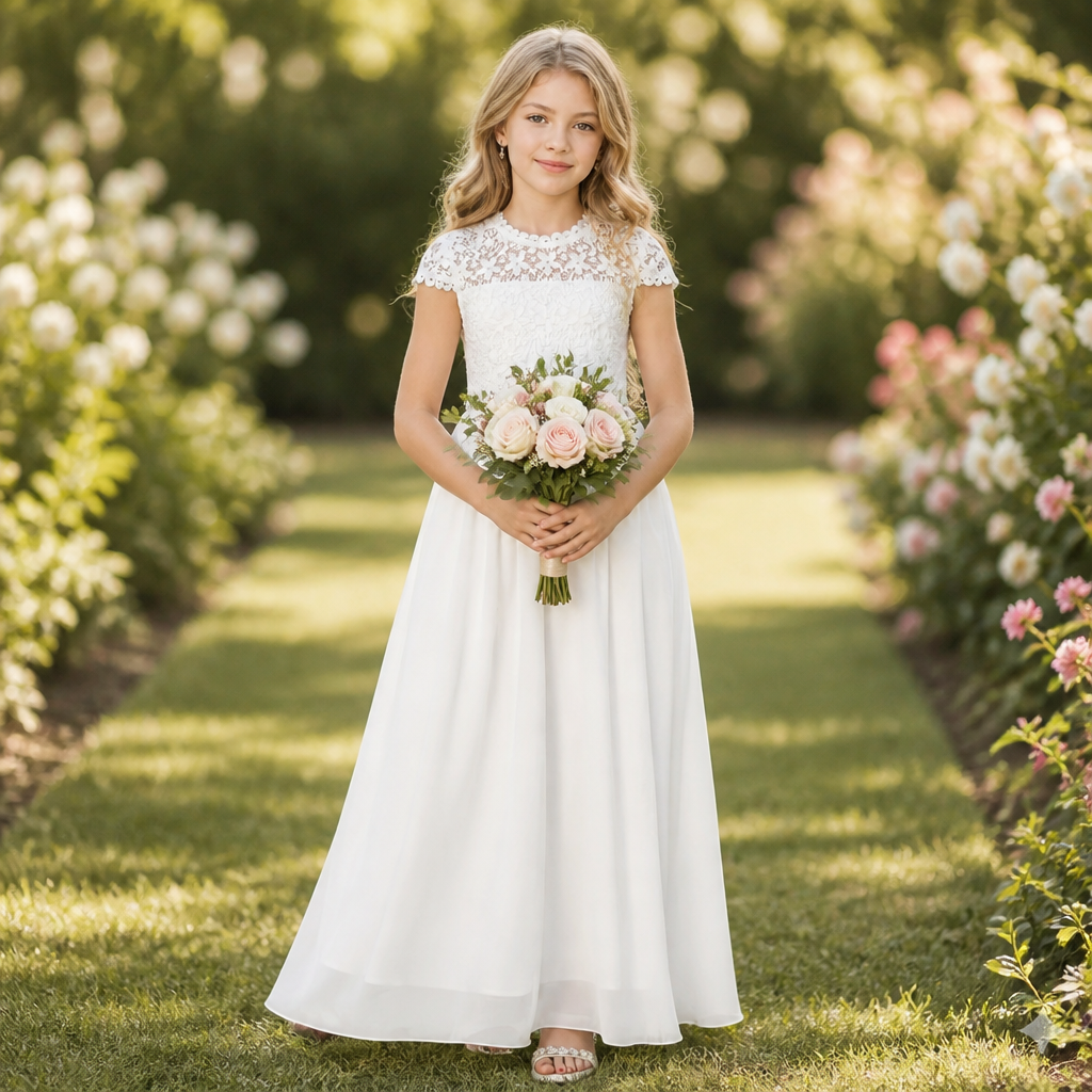 Girl in a chiffon communion dress in a garden