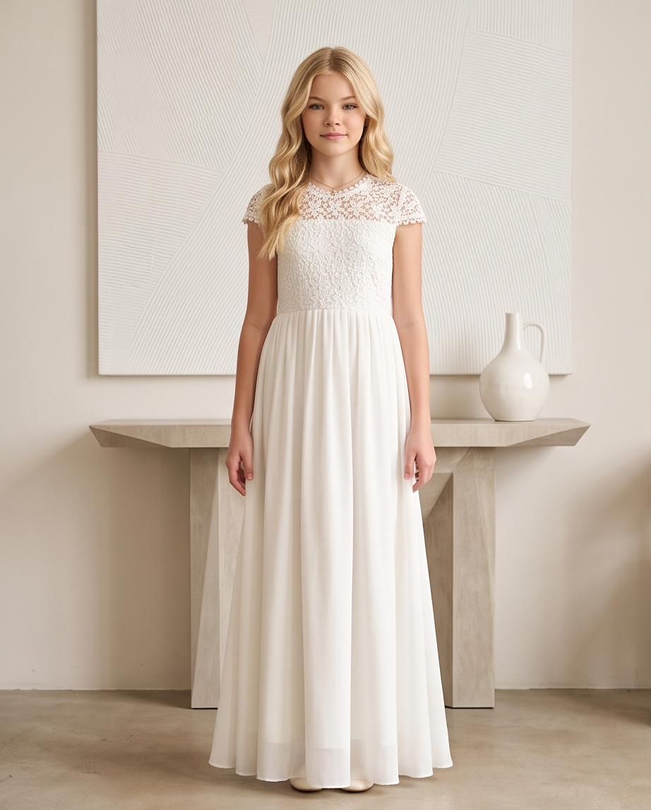 A young blonde girl stands in a minimalist room wearing a long white or ivory formal dress with a lace bodice and cap sleeves. The dress has a fitted lace top with short sleeves, a flared skirt, and a sheer mesh hem.