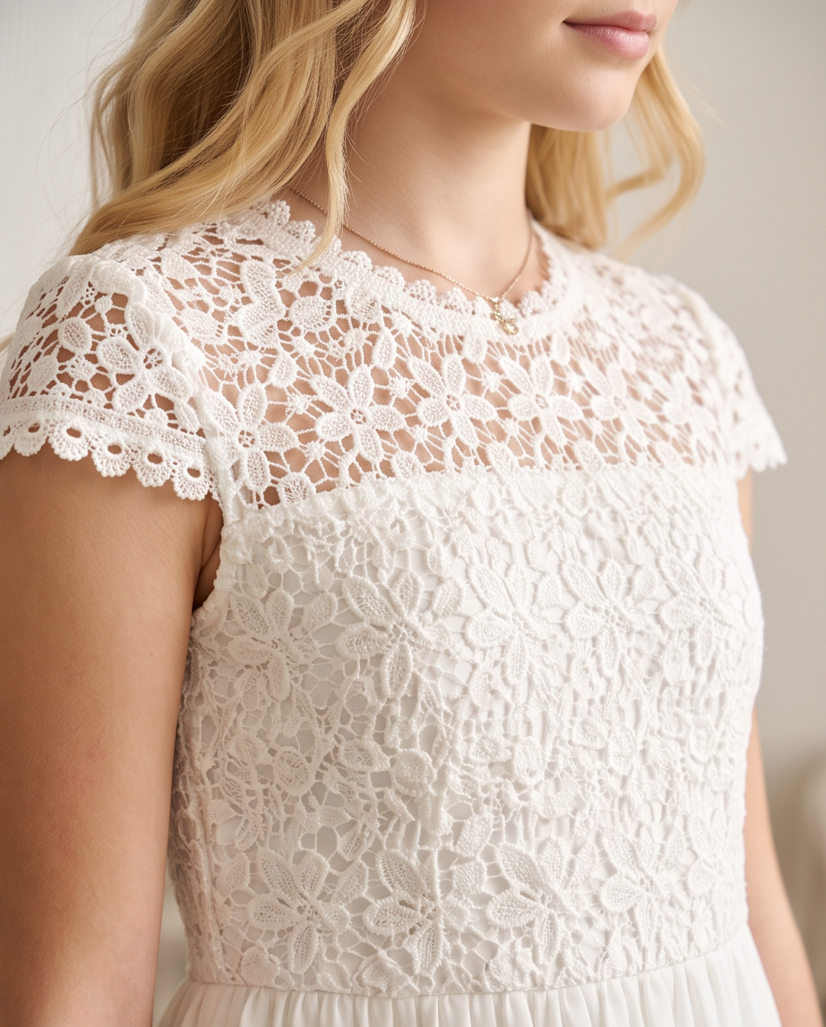 Close-up of a woman wearing a white lace dress with a floral lace bodice, short cap sleeves, and a delicate necklace.