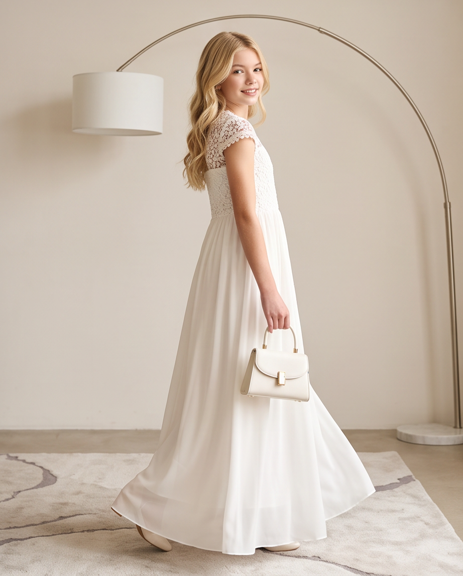 A woman wearing a floor-length white lace and chiffon dress, holding a small cream handbag, standing in a bright room with a large arched floor lamp.
