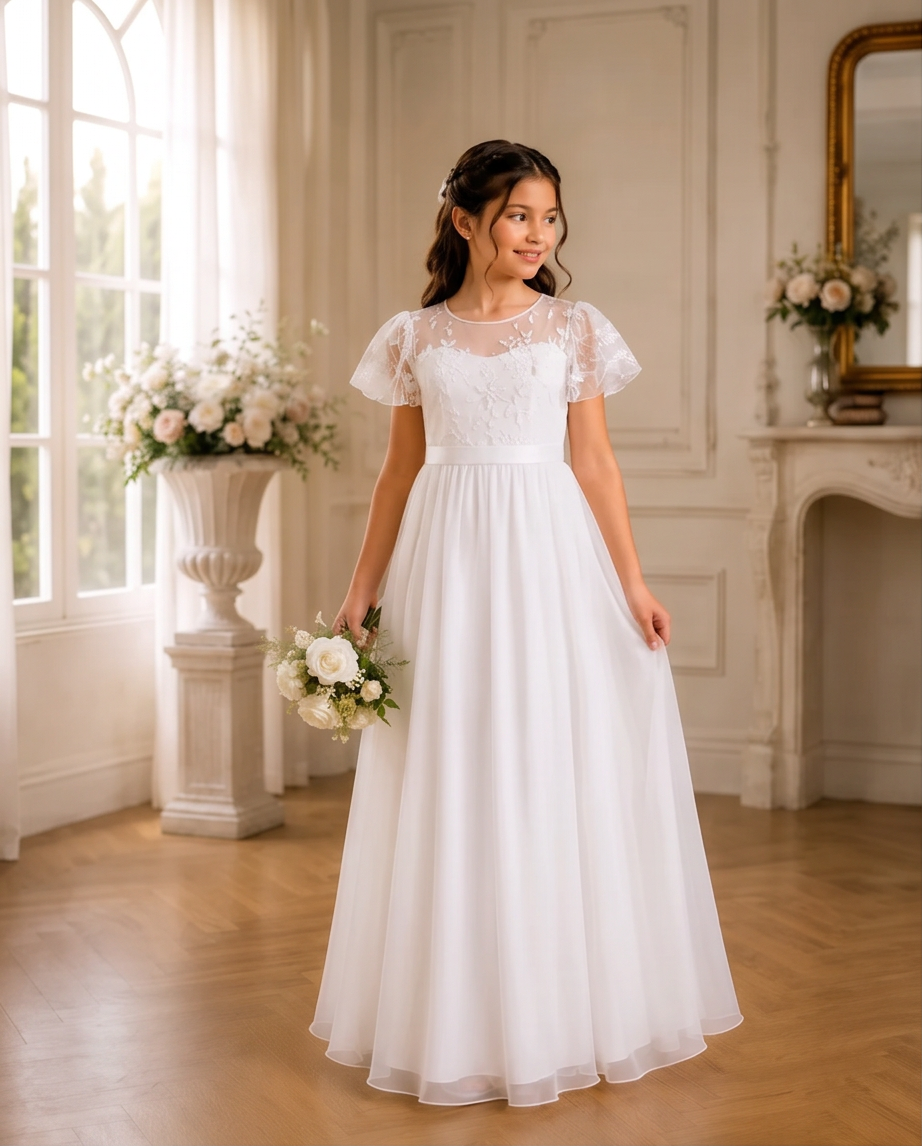A young girl wearing a white A-line wedding dress with short lace flutter sleeves and a sheer lace bodice, standing in a bright, elegant room and holding a bouquet of white flowers.