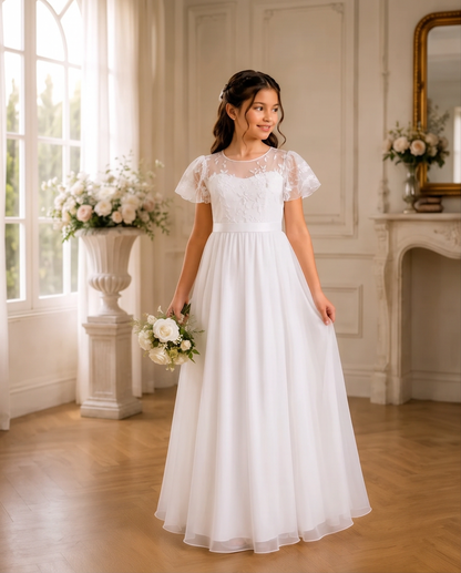 A young girl wearing a white A-line wedding dress with short lace flutter sleeves and a sheer lace bodice, standing in a bright, elegant room and holding a bouquet of white flowers.