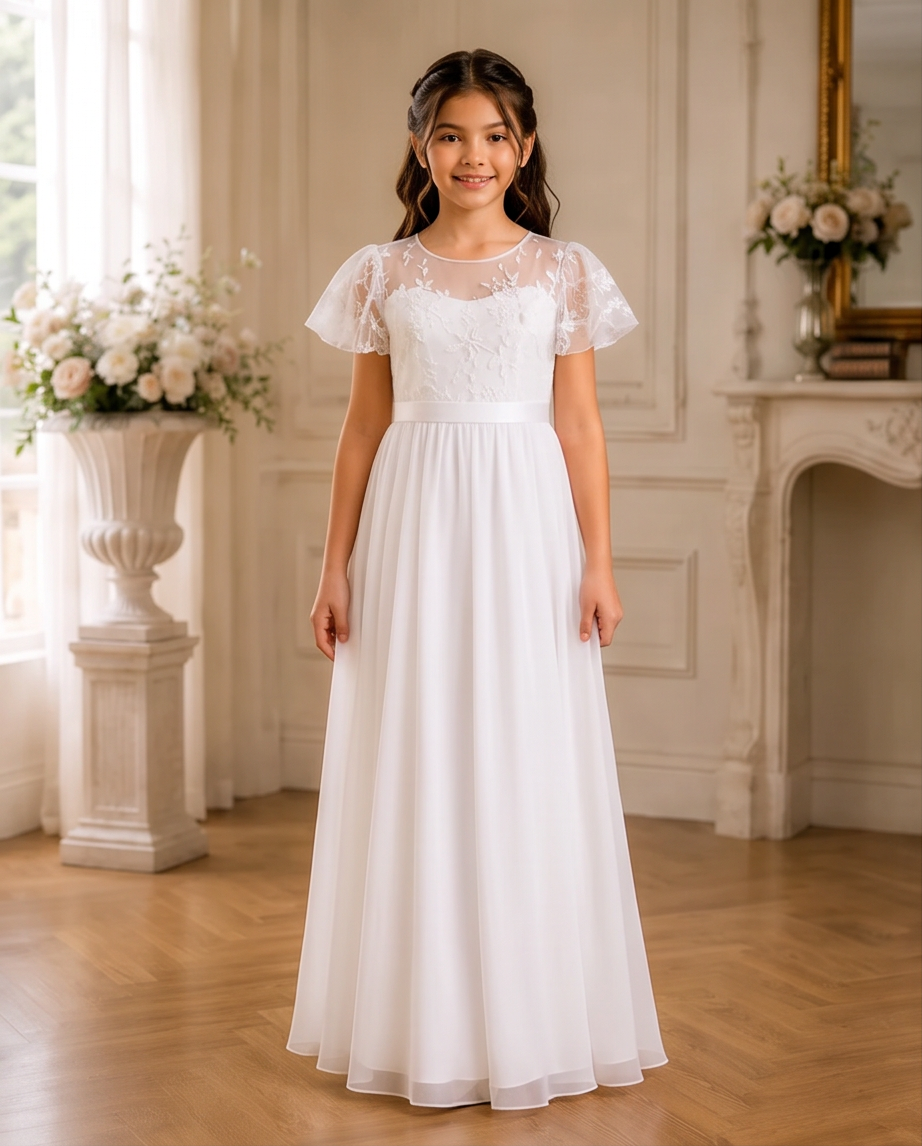 A young girl stands in a bright, elegant room wearing a long white formal dress with sheer lace short sleeves, a fitted lace bodice, and a flowing chiffon skirt.