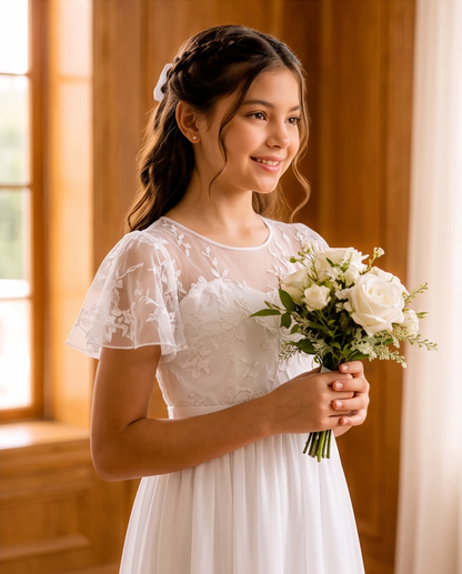 A young girl with dark hair in a half-up style wearing a white lace and tulle dress, holding a bouquet of white roses and green leaves. She is standing indoors in front of a warm wooden window frame.