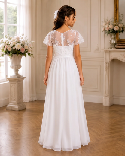 A woman wearing a white A-line wedding dress with short lace cap sleeves and a sheer lace back panel, photographed from the back in a bright, elegant room with wood floors and floral decor.
