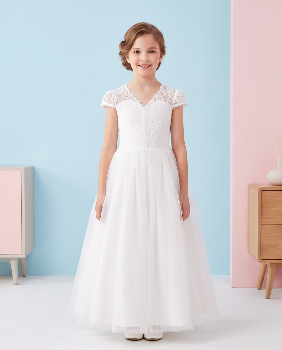 A young girl stands wearing a white formal flower girl dress with a lace bodice, cap sleeves, and a full tulle skirt, photographed in a studio with pastel blue and pink walls.