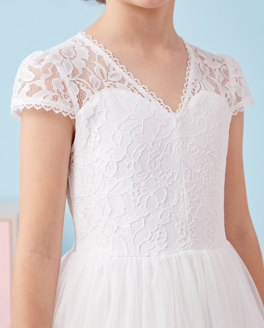 White lace and tulle dress with short cap sleeves, a V-neckline, and a flared skirt, shown on a model against a light blue background.