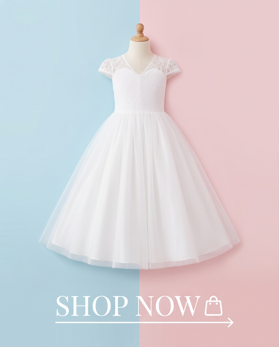 A white girls' party dress displayed on a dress form mannequin against a split pastel blue and pink background. The dress has a lace bodice, cap sleeves, and a full tulle skirt.