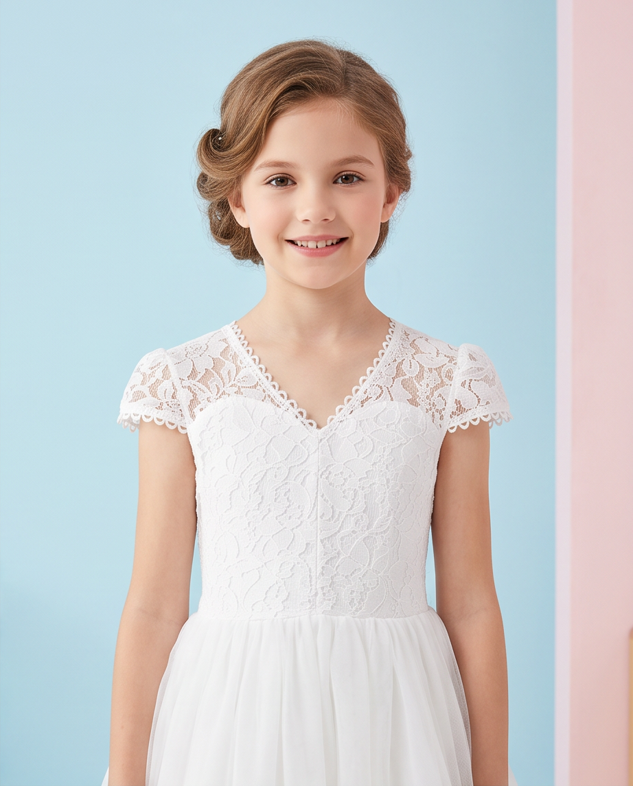 A young girl with styled brown hair wearing a white lace and tulle first communion dress, standing against a pastel blue and pink background.