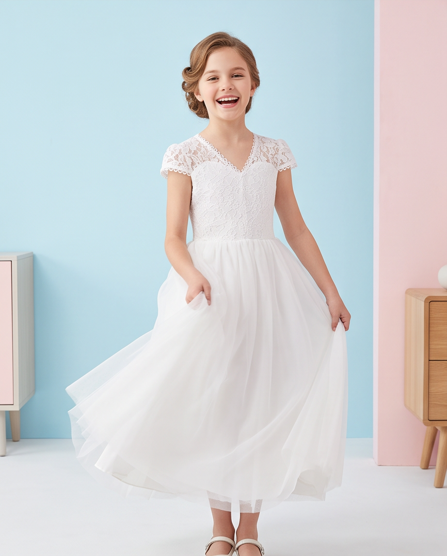 A young girl with styled brown hair is smiling and twirling in a white lace and tulle flower girl dress, standing against a pastel blue and pink studio wall.