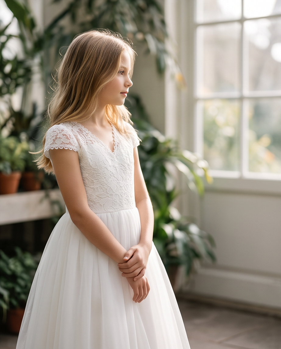 A young girl with blonde hair stands in profile wearing a white lace and tulle dress in a bright indoor room with large windows and potted plants.