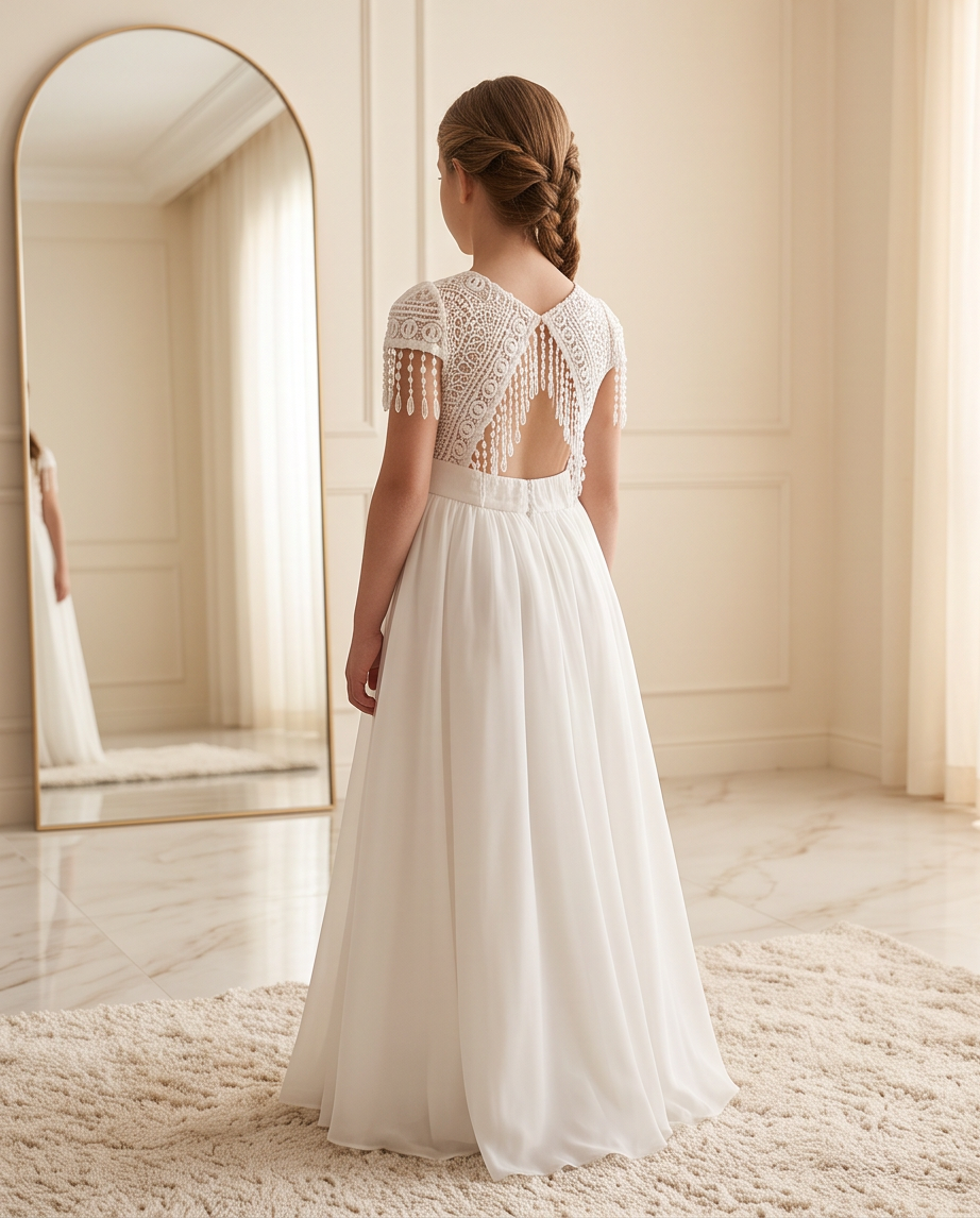 A young girl viewed from behind wearing a white A-line dress with a lace open back and short lace sleeves with tassel trim, standing in a bright cream-colored room with a large arched mirror.
