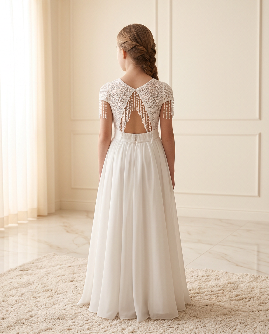 A young girl viewed from behind wearing a white A-line dress with a lace open back and tassel fringe, standing on a cream rug in a bright room.