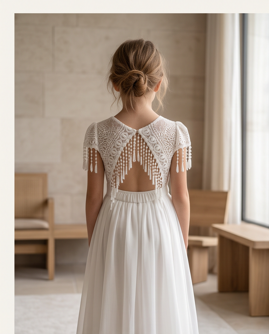 A young girl viewed from behind wearing a white lace and tassel dress in a softly lit indoor room with wooden furniture.