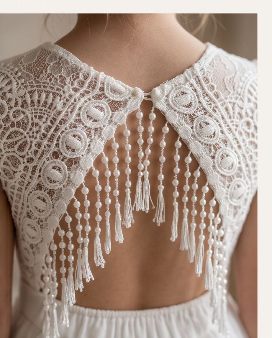 Close-up back view of a white lace dress with bead strands and tassel fringe hanging down the open back.