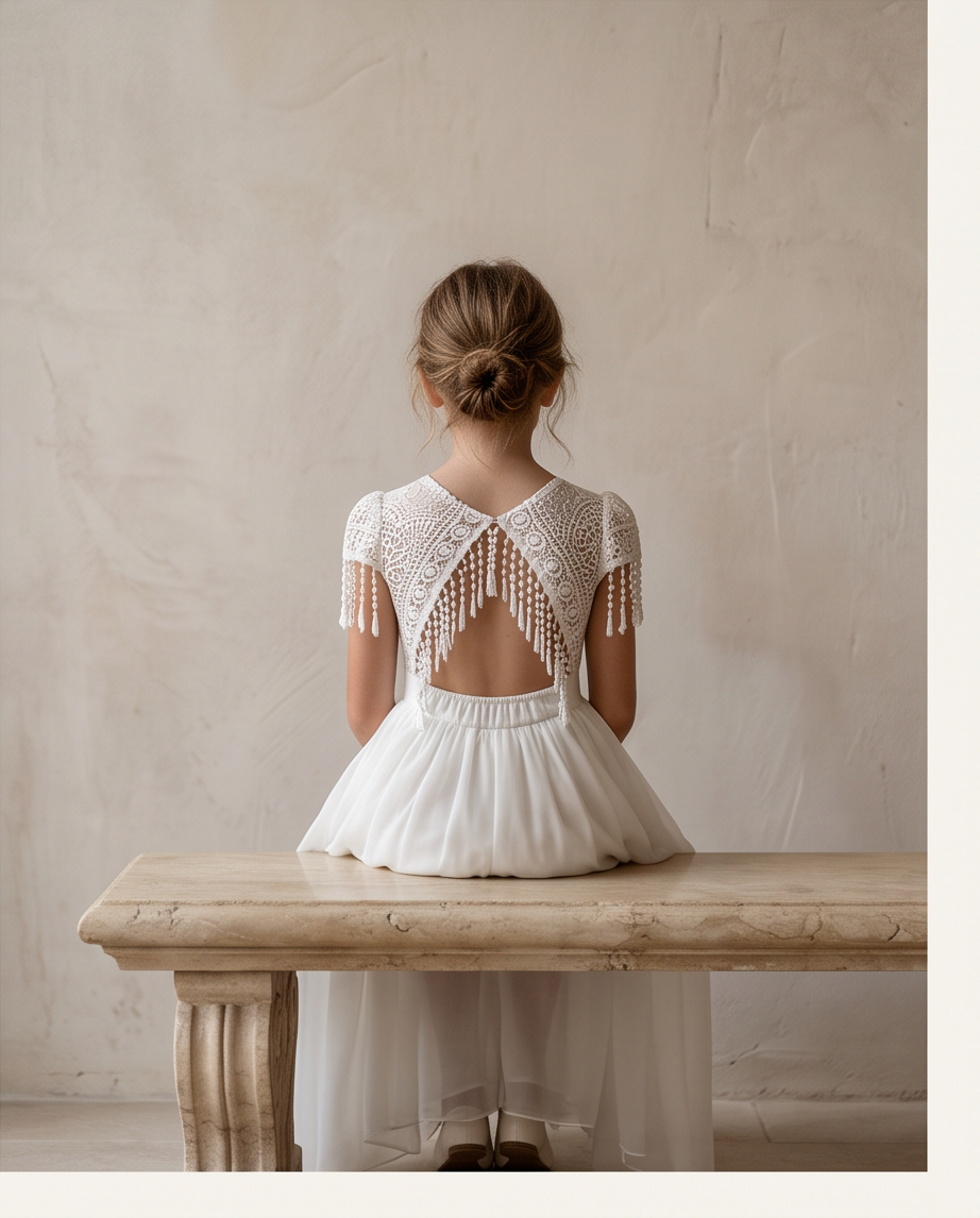 A child model seen from behind wearing a white lace and tulle dress, seated on a rustic wooden bench against a textured beige plaster wall.