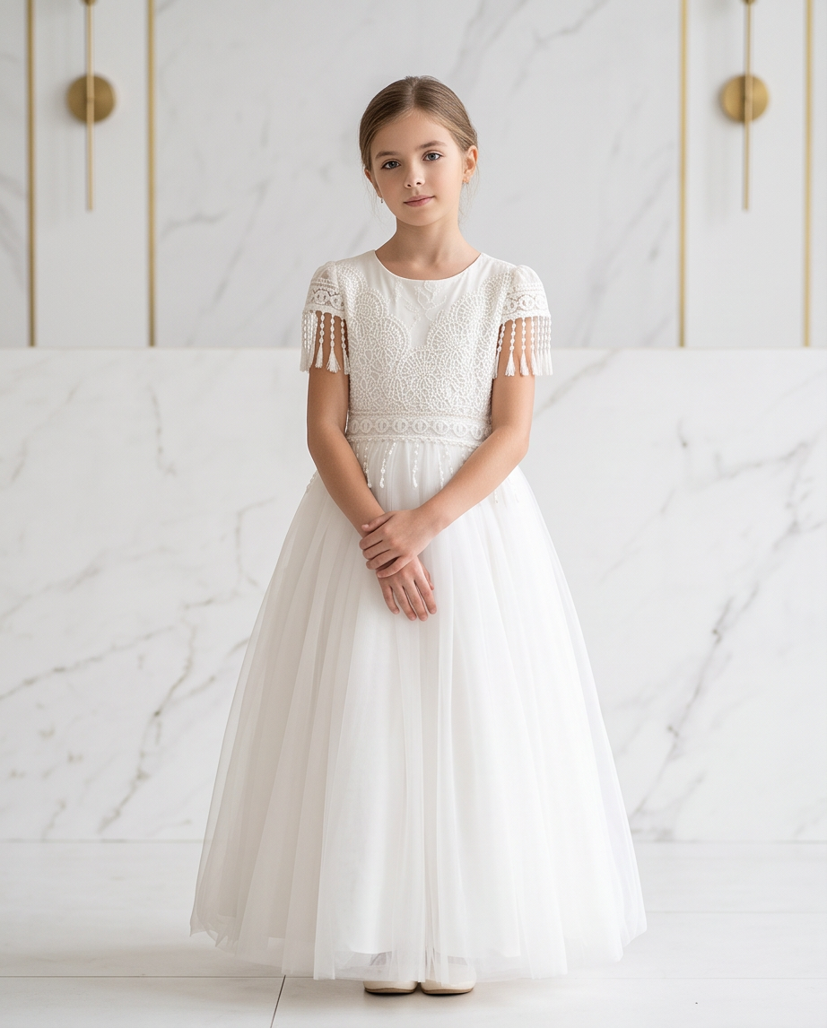 A young girl stands in a white formal dress with a lace bodice, sheer flutter sleeves with tassel trim, and a full tulle skirt, posed against a white marble wall with gold wall decor.