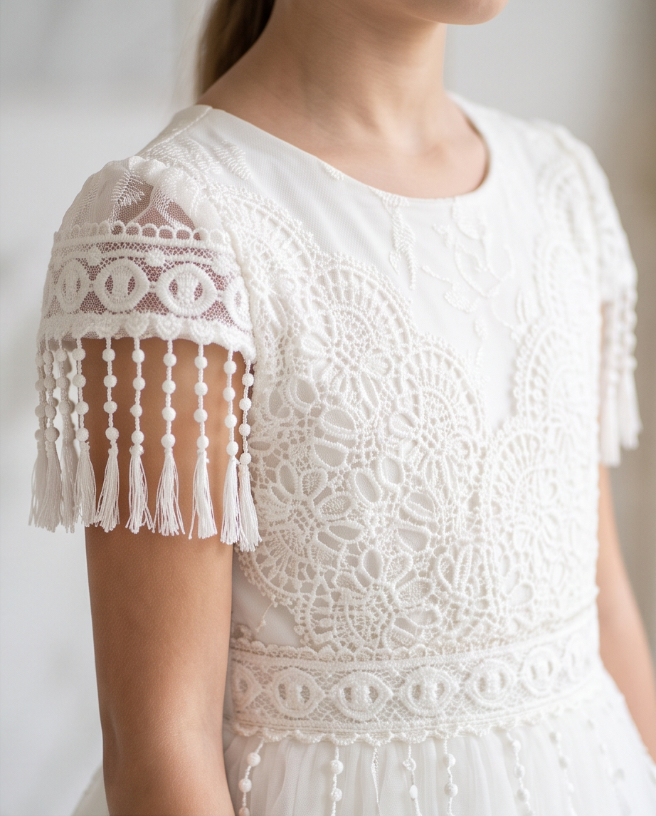 Close-up of a white lace dress with short sleeves featuring tassel fringe and intricate floral embroidery.