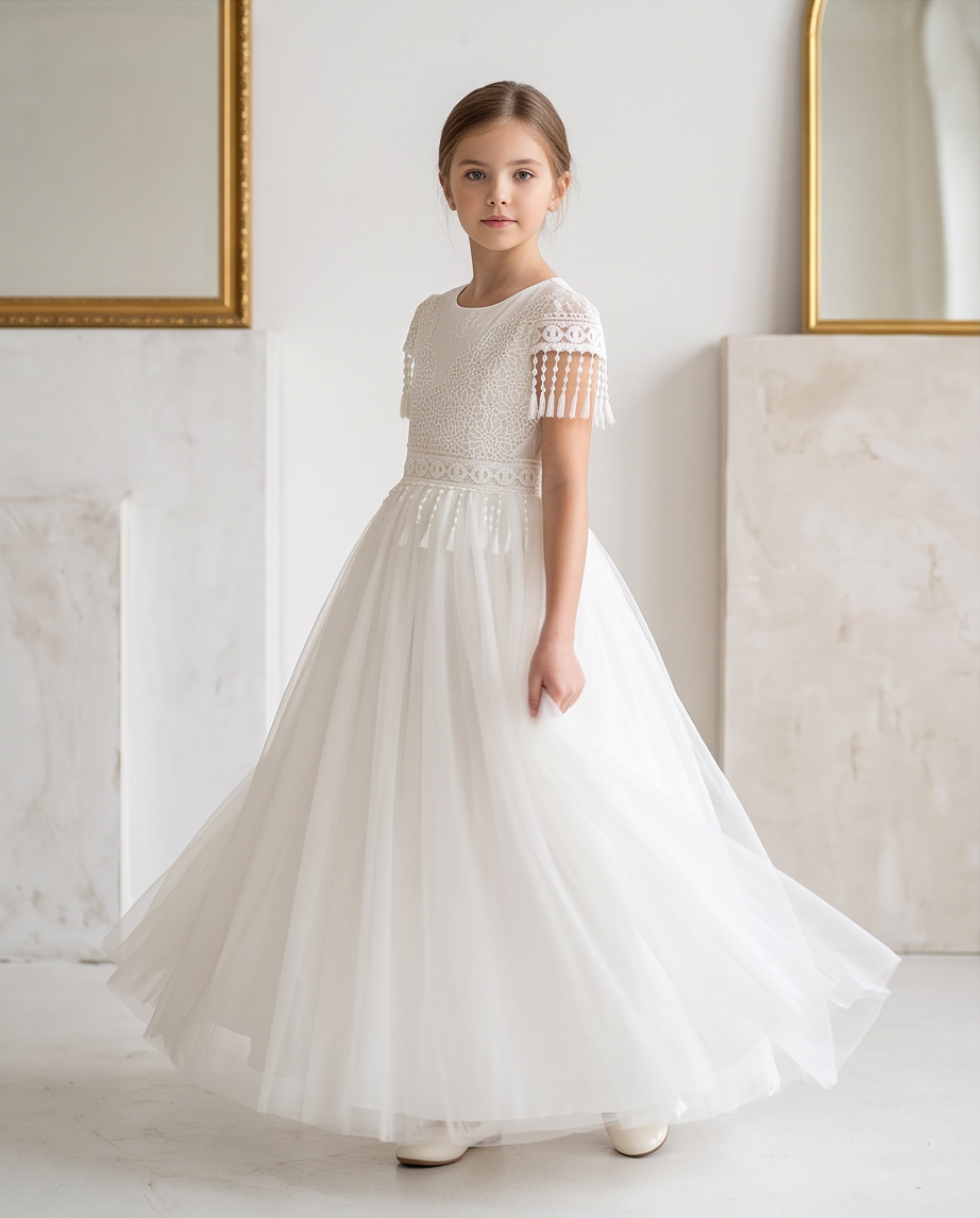 A young girl wearing a white first communion dress with a lace bodice, sheer flutter sleeves, and a full tulle skirt, standing in a bright, elegant room with marble pillars and gold-framed mirrors.