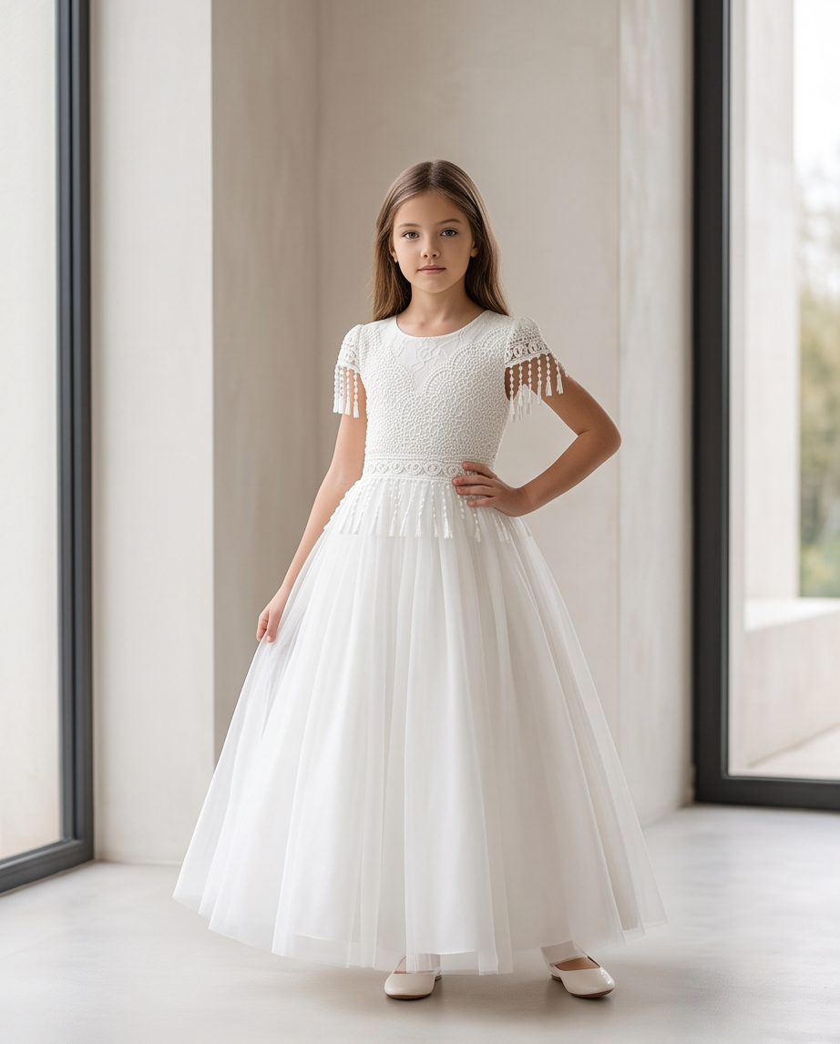 A young girl stands indoors wearing a long white formal dress with a fitted lace bodice, short cap sleeves with tassel trim, and a full tulle skirt. She is posed in a bright room with large windows and light neutral walls.