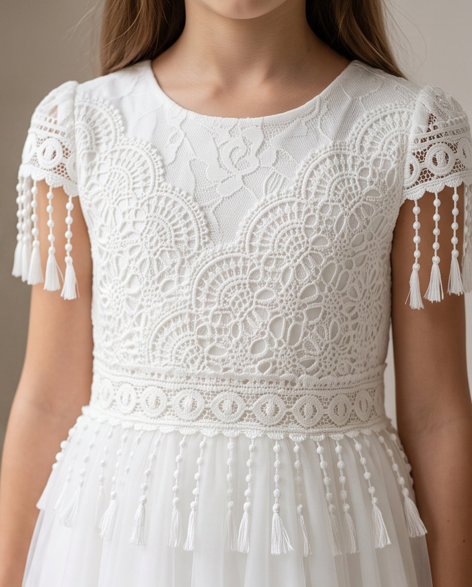 White lace dress with short sleeves, tassel fringe, and a sheer tulle skirt, shown on a model against a neutral beige background.
