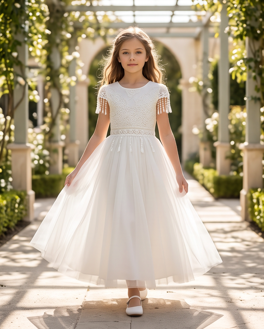 A young girl wearing a white first communion dress with short cap sleeves, a textured lace bodice, and a full tulle skirt, walking down a sunlit garden path lined with greenery.