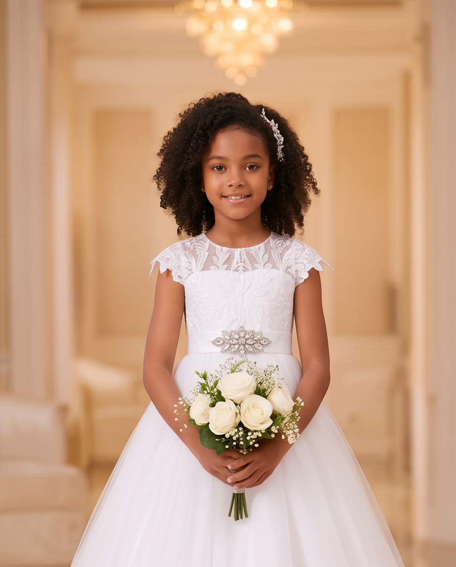 A young girl with curly black hair wearing a white lace and tulle flower girl dress with a silver embellished waist detail, holding a bouquet of white roses and baby's breath in a warm, elegant indoor setting.