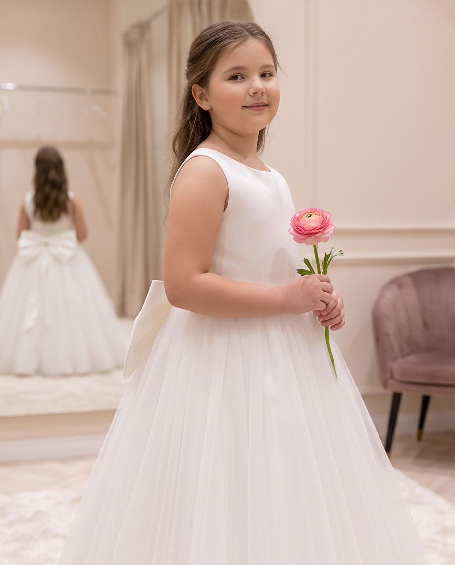 A young girl stands in a boutique wearing a sleeveless white tulle flower girl dress with a large bow on the back and holding a pink flower. A mirror in the background shows her from behind, and a pink chair is visible on the right.