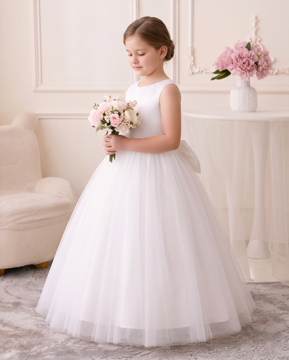 A young girl stands in a softly lit indoor room wearing a sleeveless white ball gown with a fitted bodice and a full tulle skirt. She is holding a bouquet of pale pink and white flowers.