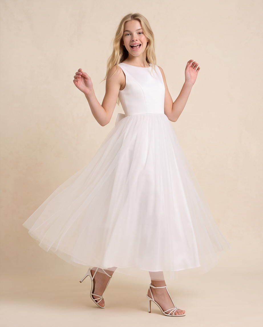 A young blonde girl wearing a sleeveless white A-line dress with a structured bodice and a voluminous tulle skirt, posing in white strappy high-heeled sandals against a warm beige studio backdrop.